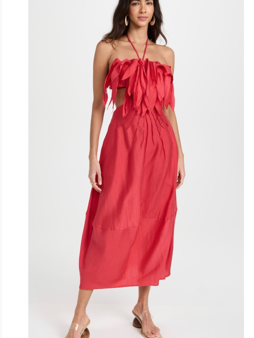 cult gaia Red Halter Leaf-Accent Midi Dress
